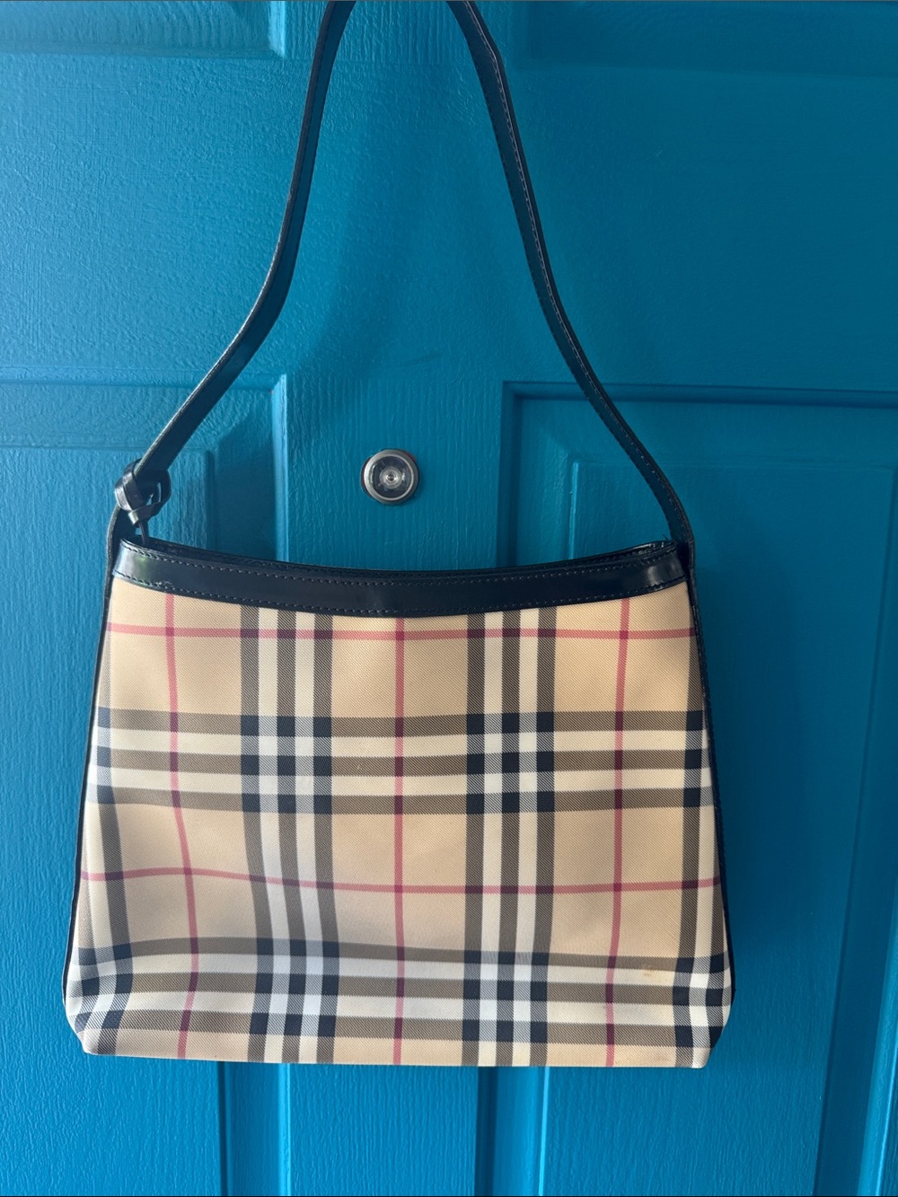 Burberry Beige Check Shoulder Bag with Black Trim 9 x 11.